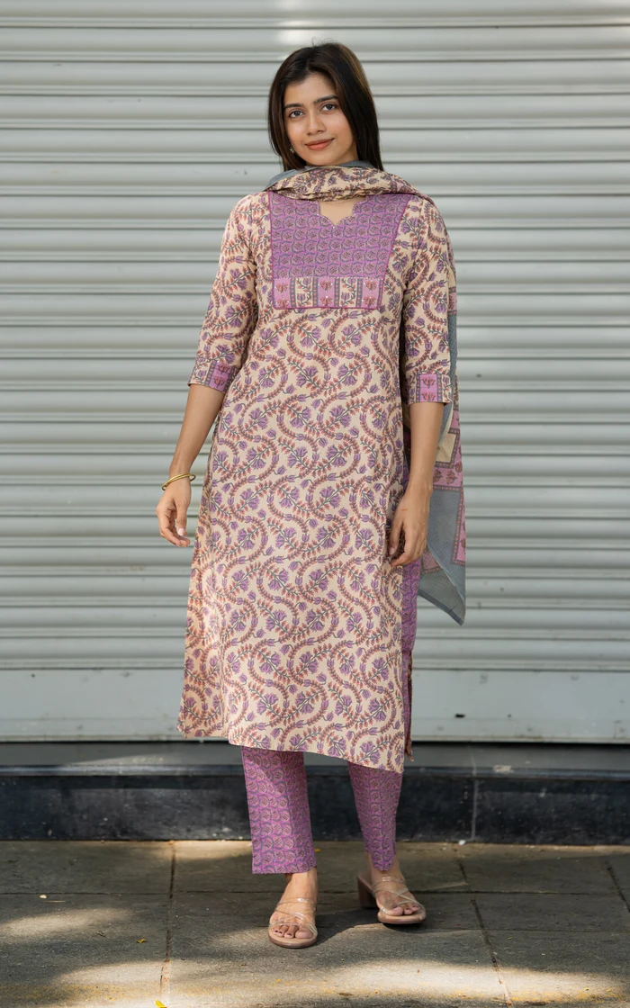 Beige with Pink Cotton Straight Kurti set